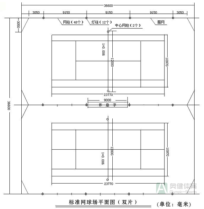 2片標(biāo)準(zhǔn)網(wǎng)球場尺寸平面圖