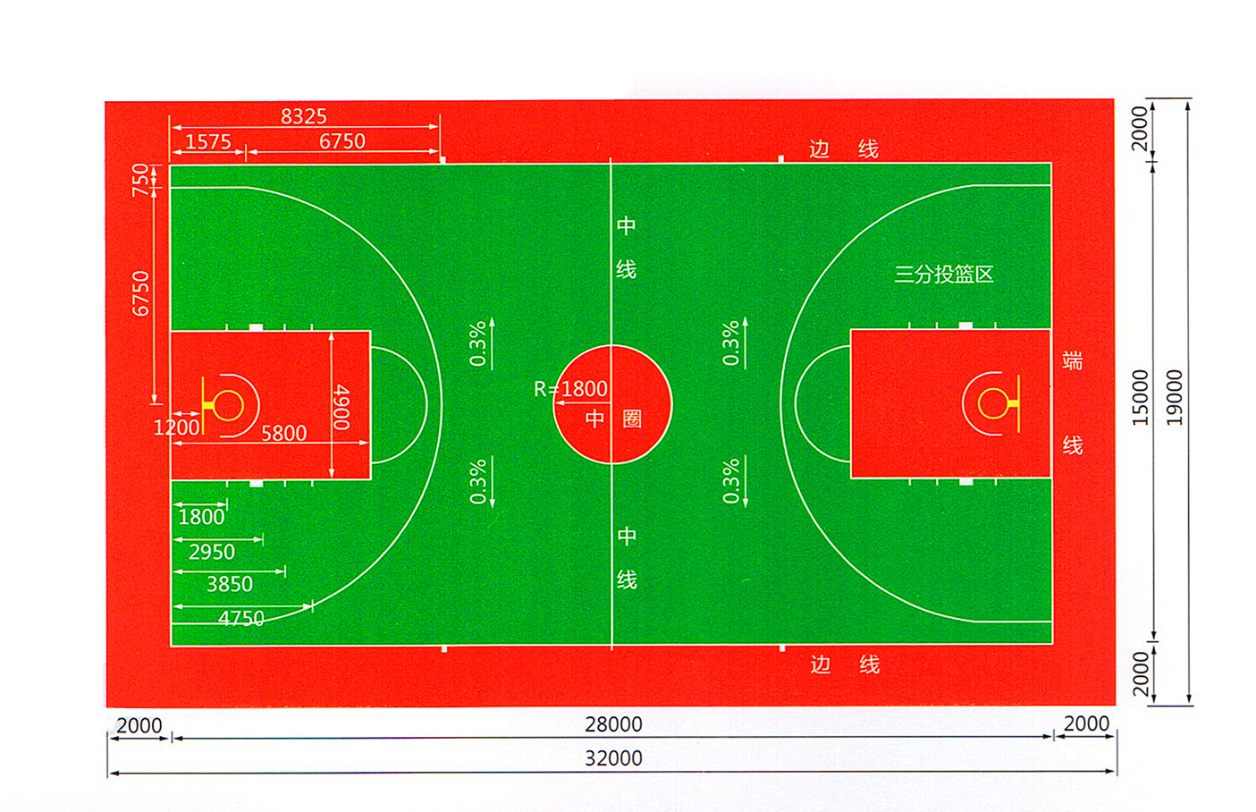 塑膠籃球場(chǎng)配色方案28x15尺寸圖片